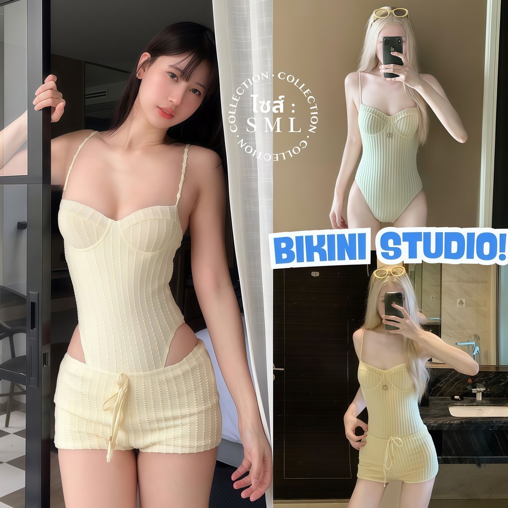 BIKINI STUDIOชุดว่ายน้ำวันพีซ ลายริ้ว ผู้หญิง สีเขียวพาสเทล น่ารัก ใส่สบาย งานดี 🍀 มีไซส์ S-L | น้ำหนัก 38-58 กก. Y289