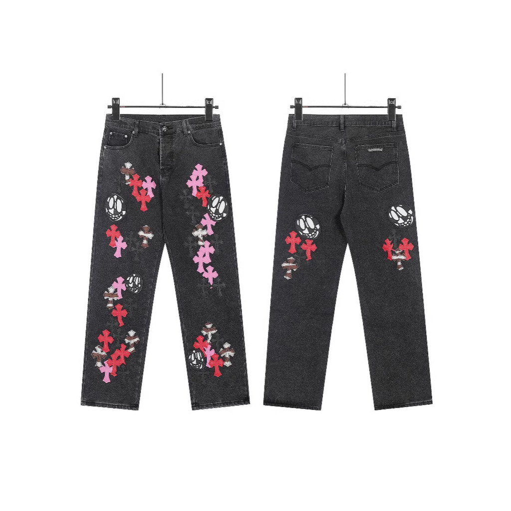 0C3P Chrome Hearts Three-color patchwork denim jeans with cross design, same style as rapper Nomi's