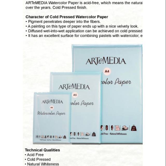 กระดาษสีน้ํา Artemedia A6/A5/A4 200gsm 12 แผ่น