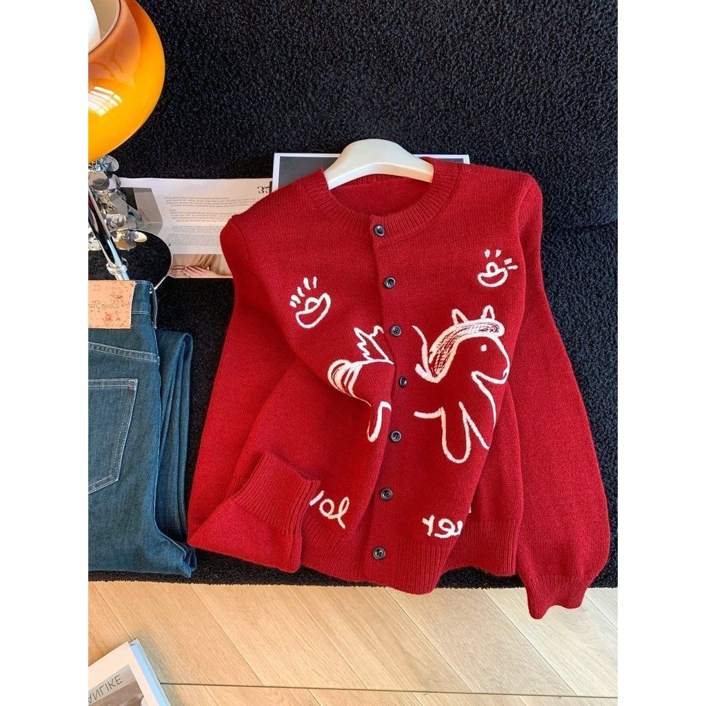 XUWENJIN ตรุษจีนสไตล์เกาหลี Retro สีแดงขนาดเล็ก Spurs Rust ถักเสื้อสเวตเตอร์ถักผู้หญิง 2026 ฤดูใบไม้