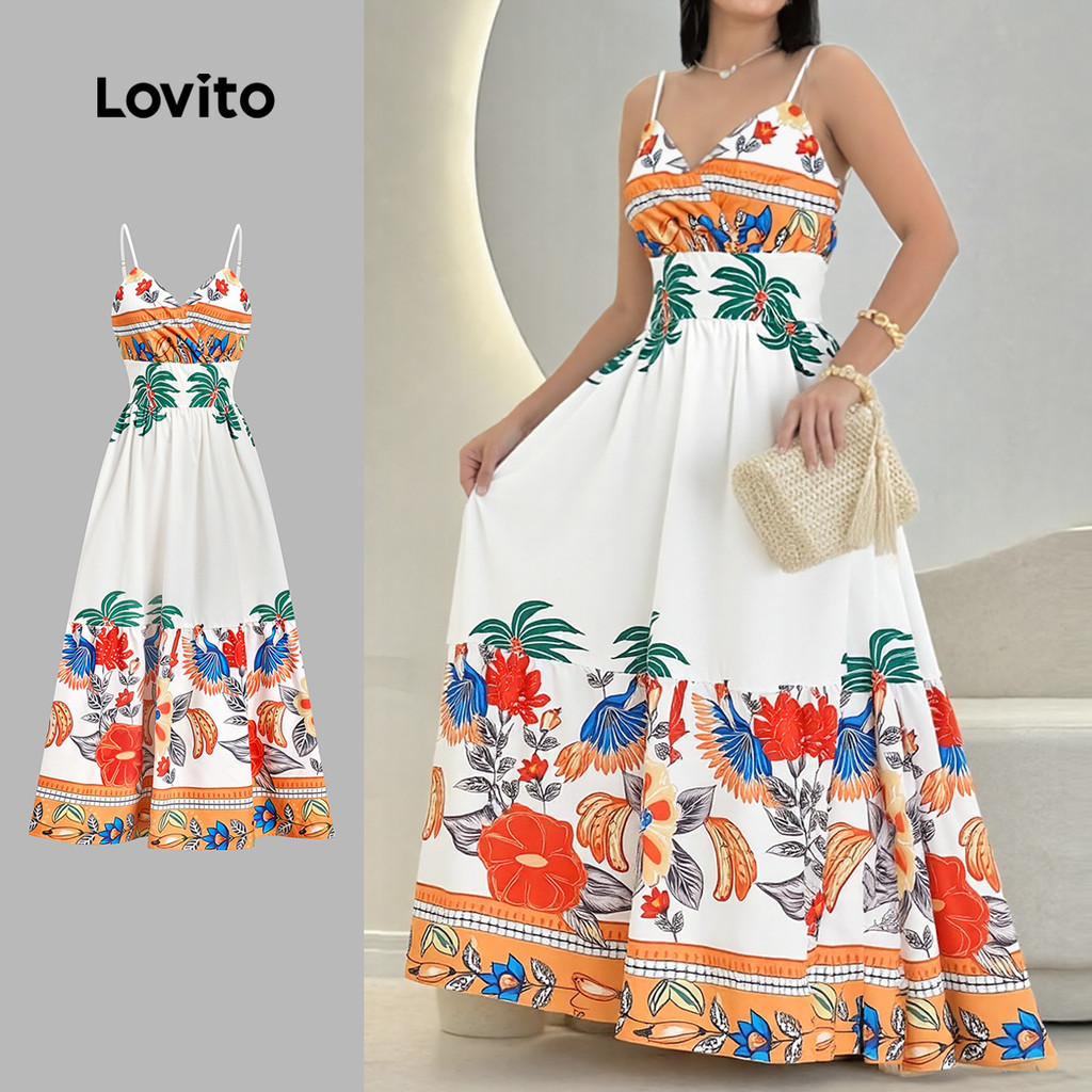 Lovito เดรสโบโฮสไตล์รีสอร์ท ซิปลวดลาย เดรสสําหรับฤดูใบไม้ผลิ/ฤดูร้อน สําหรับผู้หญิง LBL32220