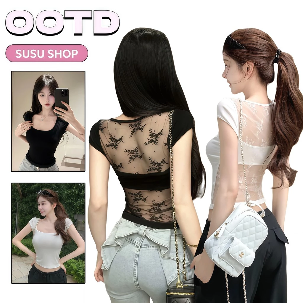 SuSu เสื้อผู้หญิง เสื้อยืดแขนสั้น ลูกไม้ ดีไซน์เปิดหลังด้วยลูกไม้ สไตล์เกาหลี ผ้าซีทรูบางเบา FYA17-0