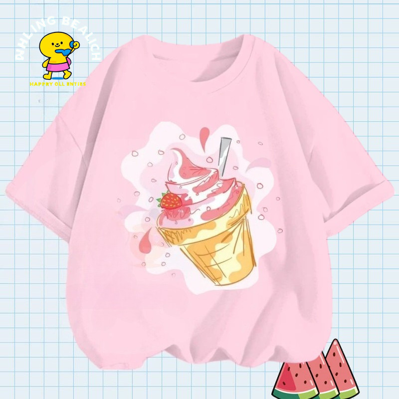 เสื้อยืดสำหรับเด็ก แขนสั้น คอรอบ วัสดุผ้าฝ้ายแท้ พิมพ์ลายไอศกรีม ของขวัญปีใหม่