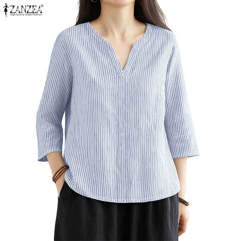 ZANZEA ชุดลำลองสำหรับผู้หญิงสไตล์เกาหลี แขนลายเสื้อทรงหลวมและคอวี ดีไซน์ทันสมัย สวมใส่ง่ายในออฟฟิศ