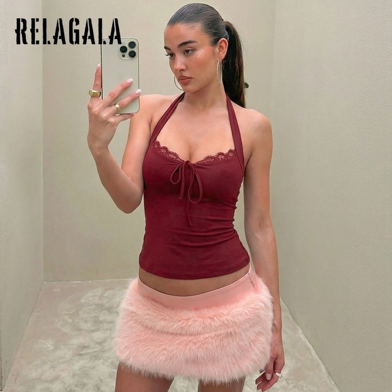 RELAGALA เสื้อชั้นในหญิงขอบลูกไม้ สไตล์เซ็กซี่Halтер โทปส์ สีทึบ — صورة 2