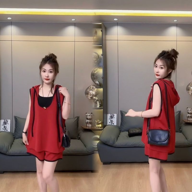 休闲运动套装女2025春夏新款韩版无袖连帽背心遮肉显瘦减龄三套1.13Casual Sports Suit Women's 2025 Spr and Summer New Korean Style S