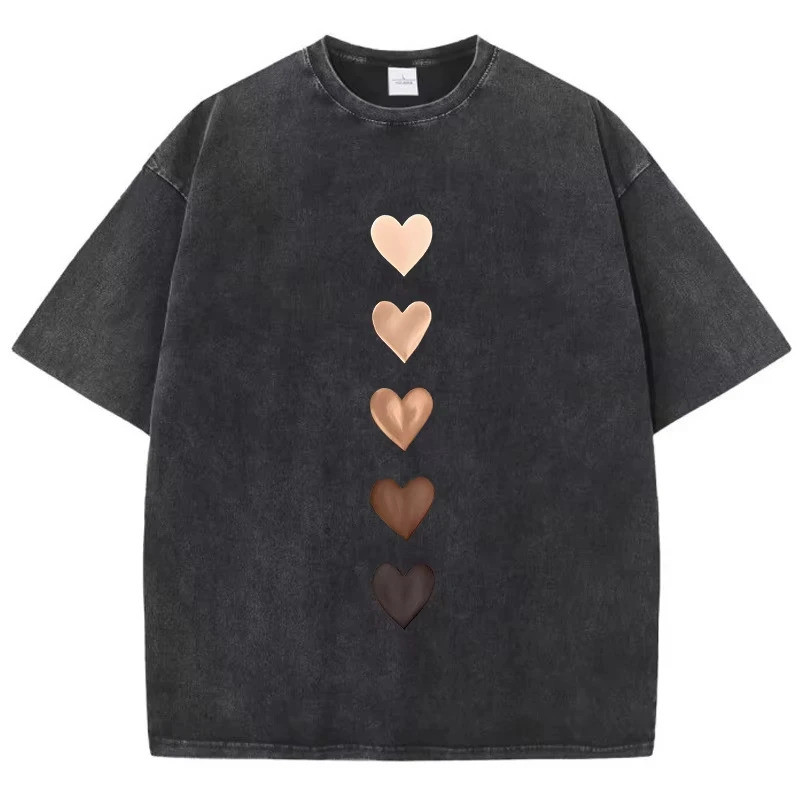 韩国 2026Love Heart Graffiti พิมพ์ล้างเสื้อยืดผู้หญิงเสื้อผ้าฝ้ายสบาย Distressed O-คอ Streetwear ฤดูร้