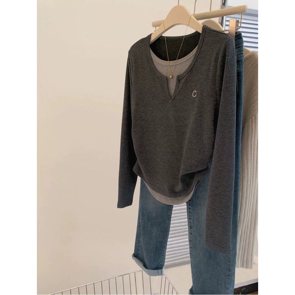 COD 2026 ขนาดใหญ่ไขมัน mm สีเทาเย็บปลอม v คอไหล่อย่างเป็นทางการเสื้อยืดแขนยาวผู้หญิงฤดูใบไม้ผลิฤดูใบ