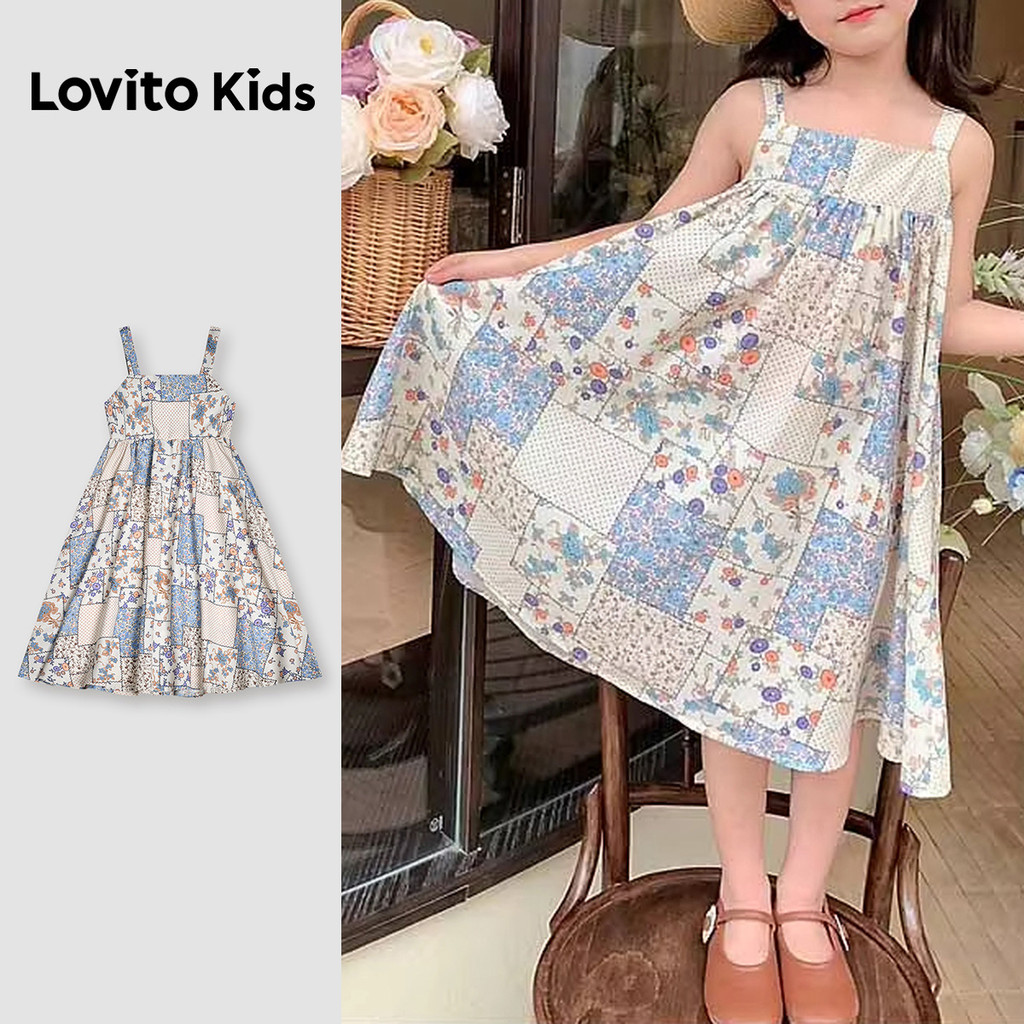 Lovito Kids เดรสโบโฮ เดรสฤดูใบไม้ผลิ/ฤดูร้อนแบบย่นสําหรับสาวๆ L168LD187