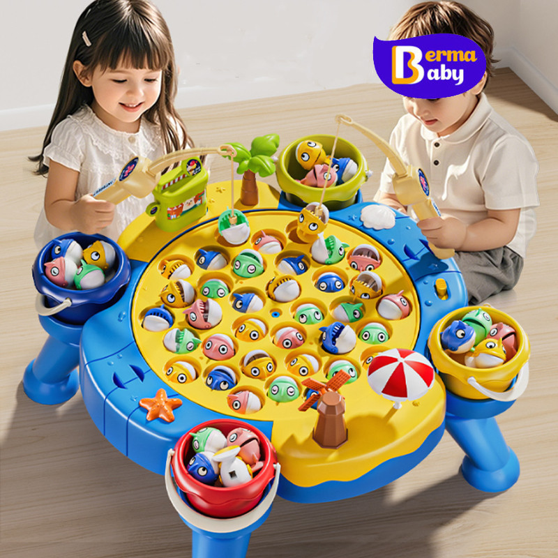 Berma Baby ของเล่นตกปลาแม่เหล็ก พร้อมเบ็ด มีเสียงเพลง หมุนได้ ของเล่นเด็ก การประสานงานของมือ