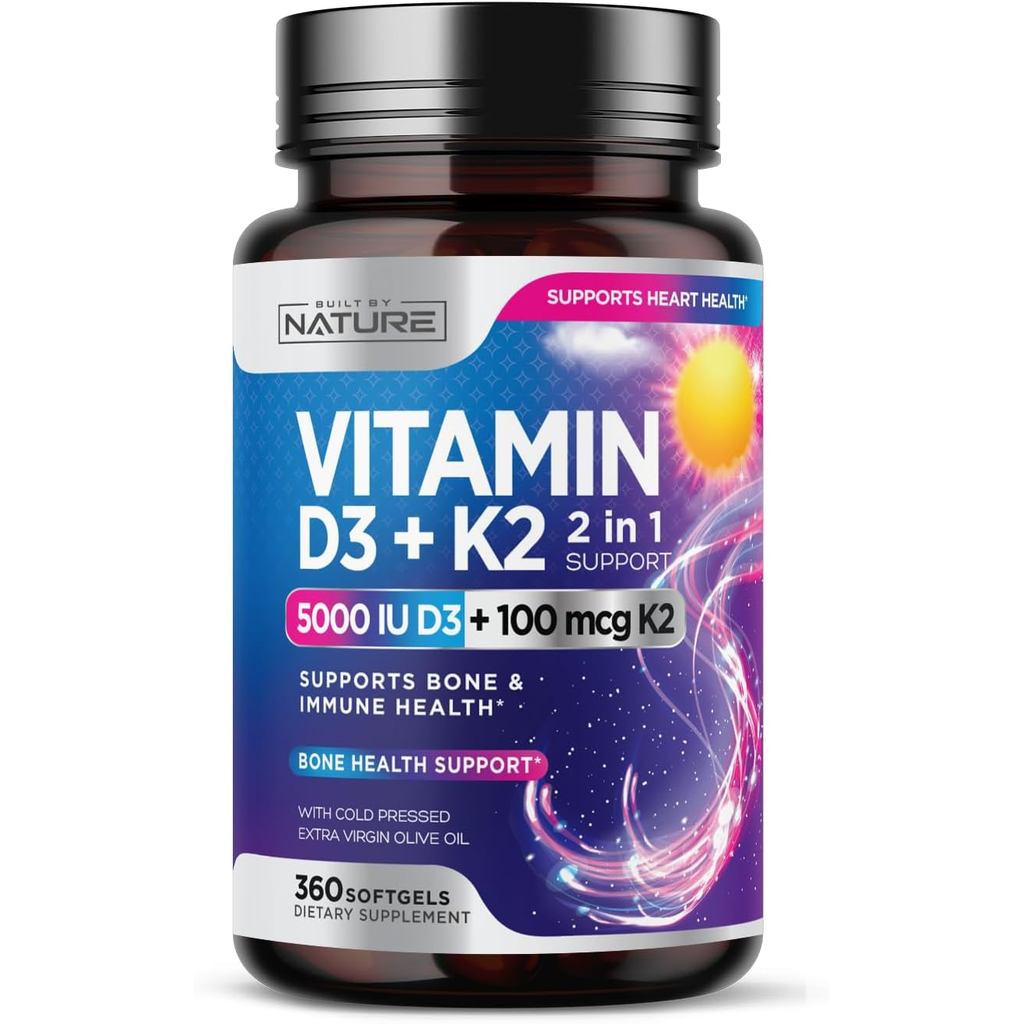 Built by Nature Vitamin D3 K2 with Cold Pressed Extra Virgin O Oil – 5000 IU Vitamin D, 100mcg Vitam