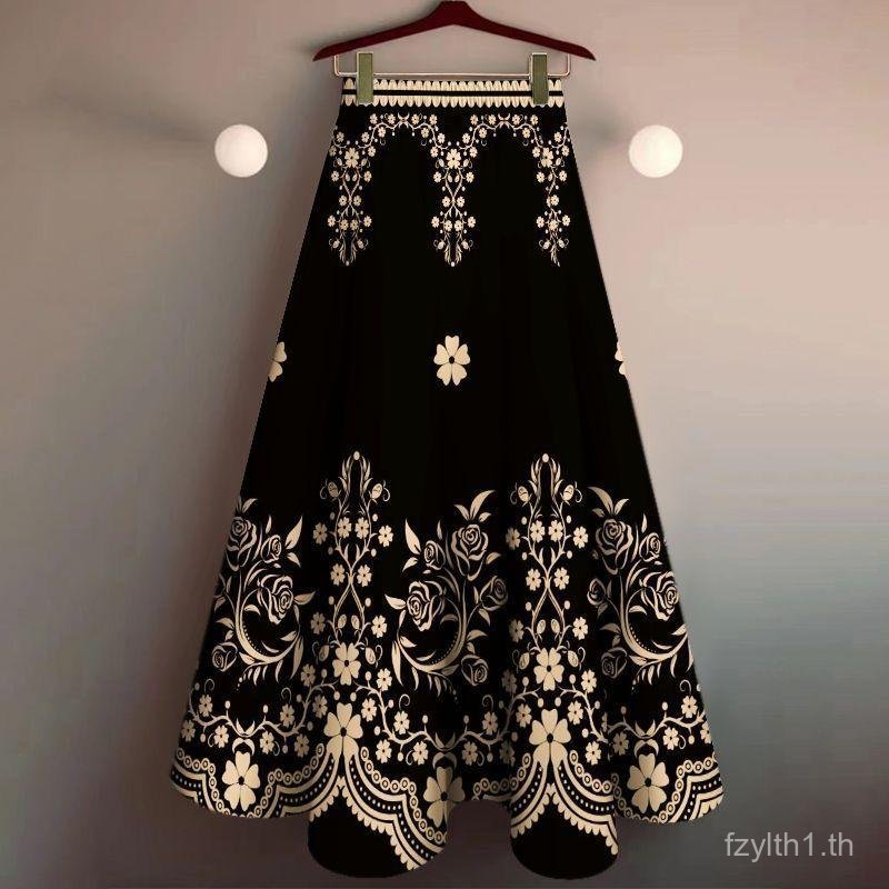 มาใหม่ล่าสุดฐานสีดํา Off-white Vintage Court-style Pattern พิมพ์ Midi กระโปรง, เอวยางยืด Flared A-line Maxi กระโปรง, อเนกประสงค์สําหรับอาหารค่ํา, สวมใส่ทุกวัน & Commute