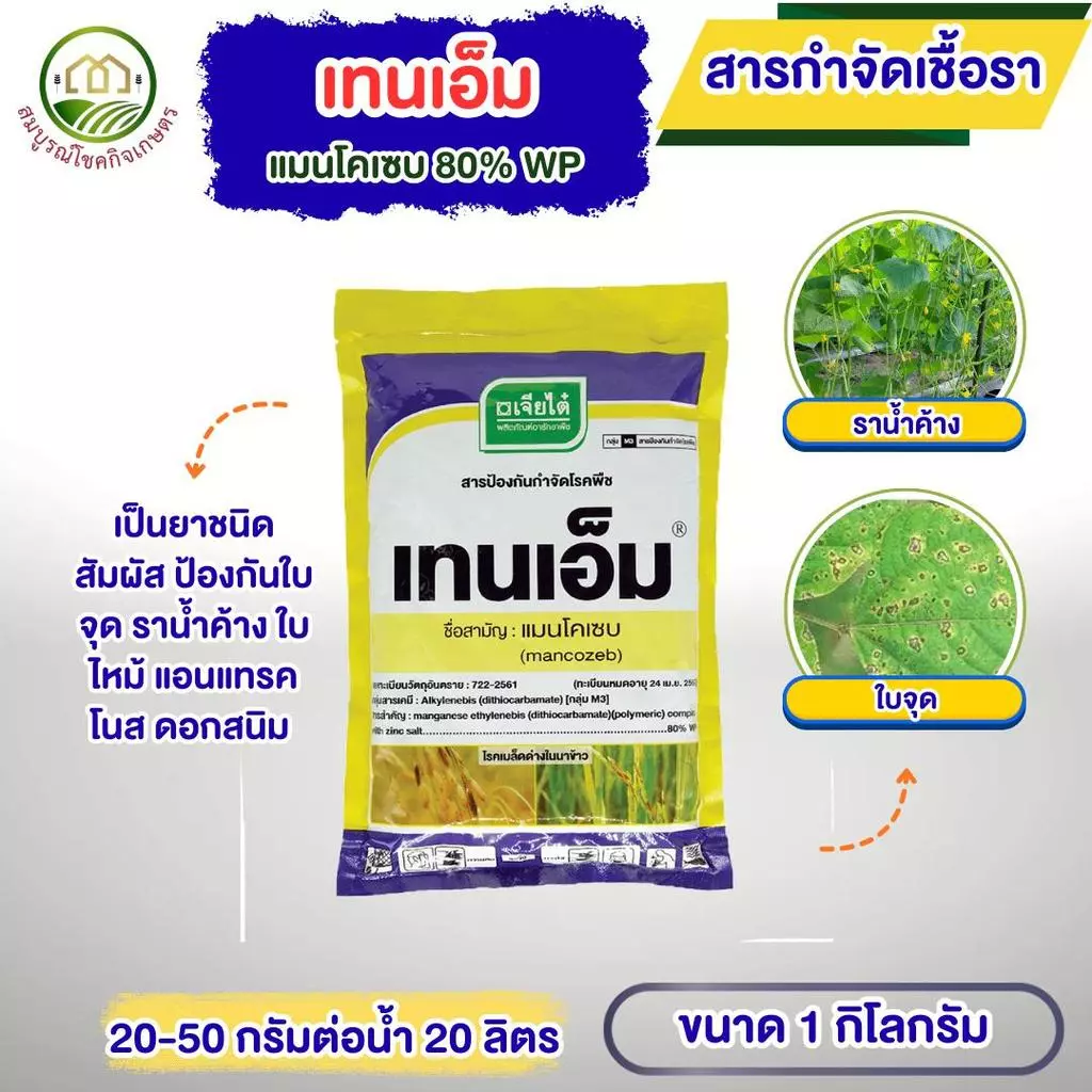 เทนเอ็ม แมนโคเซบ ผงสีเหลือง​ ขนาด 1 กก​ เจียไต๋ สารกำจัดเชื้อรา ราน้ำค้าง ราในดิน ราดโคนกันเน่าได้