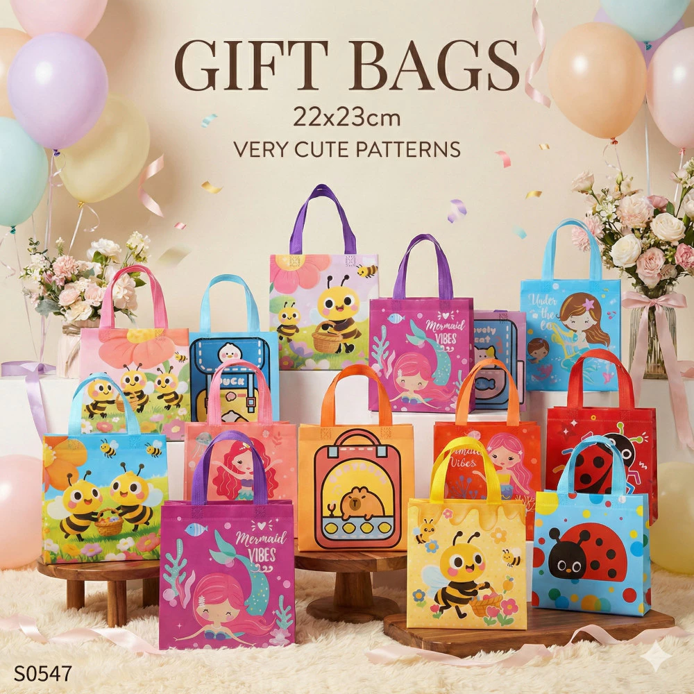 S0293 กระเป๋าผ้า ถุงของขวัญ ลายการ์ตูน น่ารัก 22x23x11ซม. ใส่ของ ใส่เครื่องเขียน ใส่เอกสาร พับได้