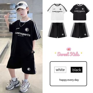 SweetKids พร้อมส่งจากกทม🌸ชุดสูทเด็กผู้ชาย🍓ชุดเซ็ทเด็กฤดูร้อน เสื้อแขนสั้นกางเกงขาสั้น ลำลองกีฬา 2ชิ้น พิมพ์ลายโมโนแกรม