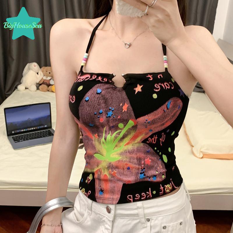 เสื้อสายเดี่ยวทรงเชิฟท์ลายพิมพ์ดอกไม้และลูกปัดสำหรับฤดูร้อน มีแผ่นรองหน้าอก