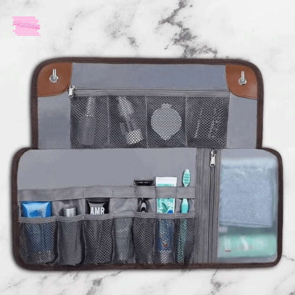 PETPALACE9 Travel Toiletry Bag, Roll Up Design PU Leather Makeup Organizer Bag, Practical Multi Chan