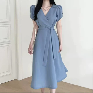 blue long sleeve dress เดรสฟ้าวันแม่ สาวอวบ เดรสผู้หญิง เกาหลี คุณหนู สบายๆ สุภาพ new 2026