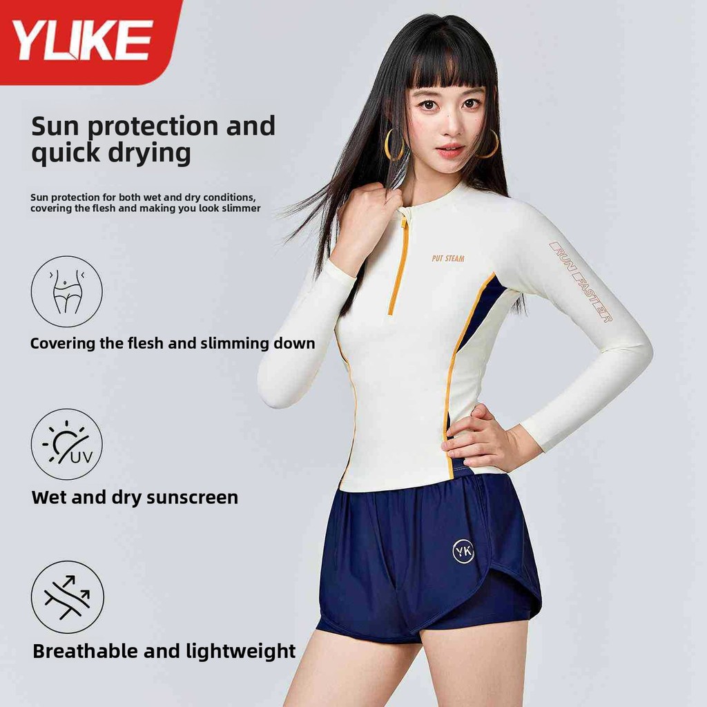 YUKE ชุดว่ายน้ำแขนยาว 2 ชิ้นสำหรับผู้หญิง ดีไซน์เรียบหรู UPF 50+, ควบคุมหน้าท้องได้ดี ใช้ได้กับทุกขนาด เหมาะสมสำหรับการซ้อมในสโมสรฟุตบอลและสระว่ายน้ำ