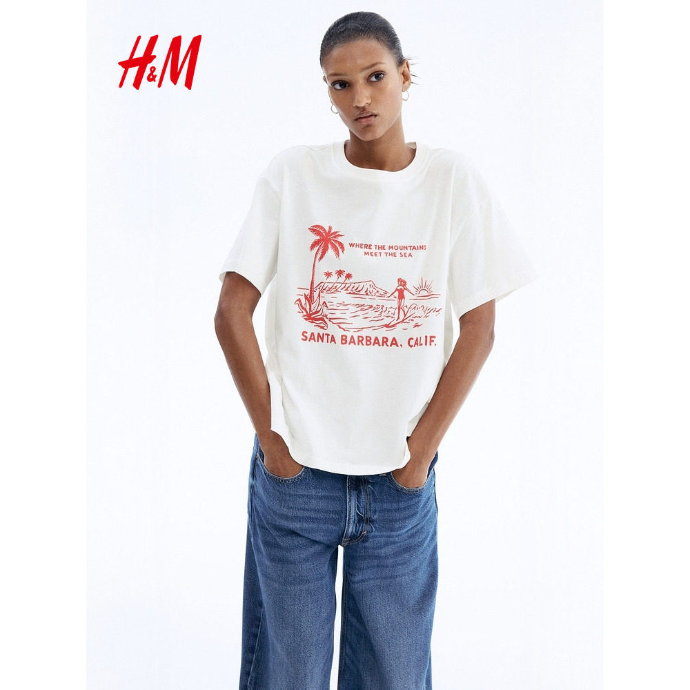 เสื้อยืดผู้หญิง H&M ทรงหลวม สบายๆ สำหรับฤดูใบไม้ผลิ แขนสั้น ราคา ถูกที่สุด ดีลบีเคเค แกลเลอรีภาพที่ 2