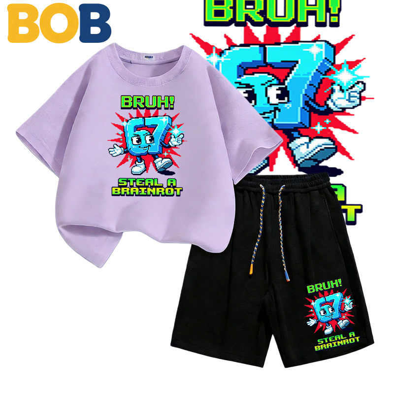 BOB [พร้อมส่ง] ชุดเด็กชายkidsเสื้อยืดเด็ก67ลวดลายพิมพ์ เสื้อยืดเด็ก คอตตอน ชุดสูทเด็กผู้ชาย ชุดลำลอง 2 ชิ้น แฟชั่นสำ#T52