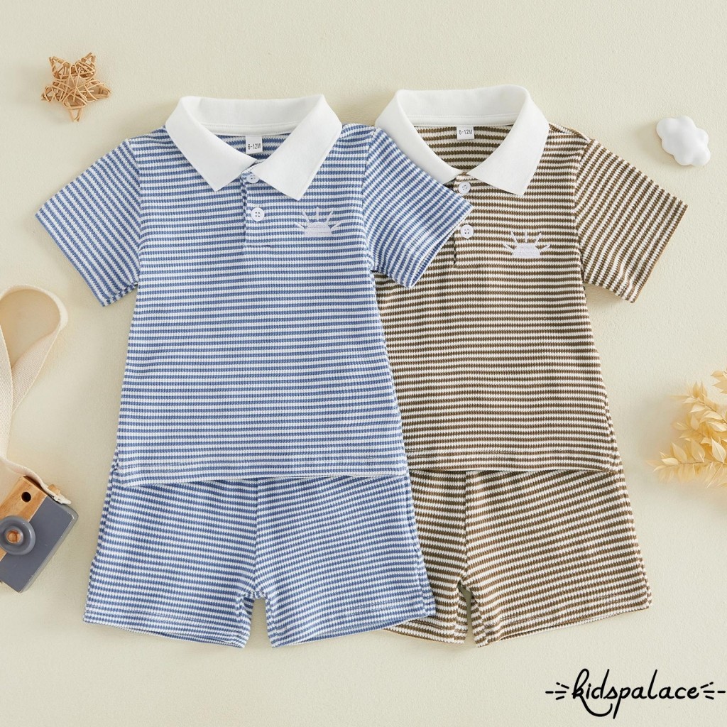 BbQ-เด็กวัยหัดเดินชายฤดูร้อนชุด Sun เย็บปักถักร้อยลายปุ่มแขนสั้นเสื้อยืดกางเกงขาสั้นเอวยางยืด 2 ชิ้น