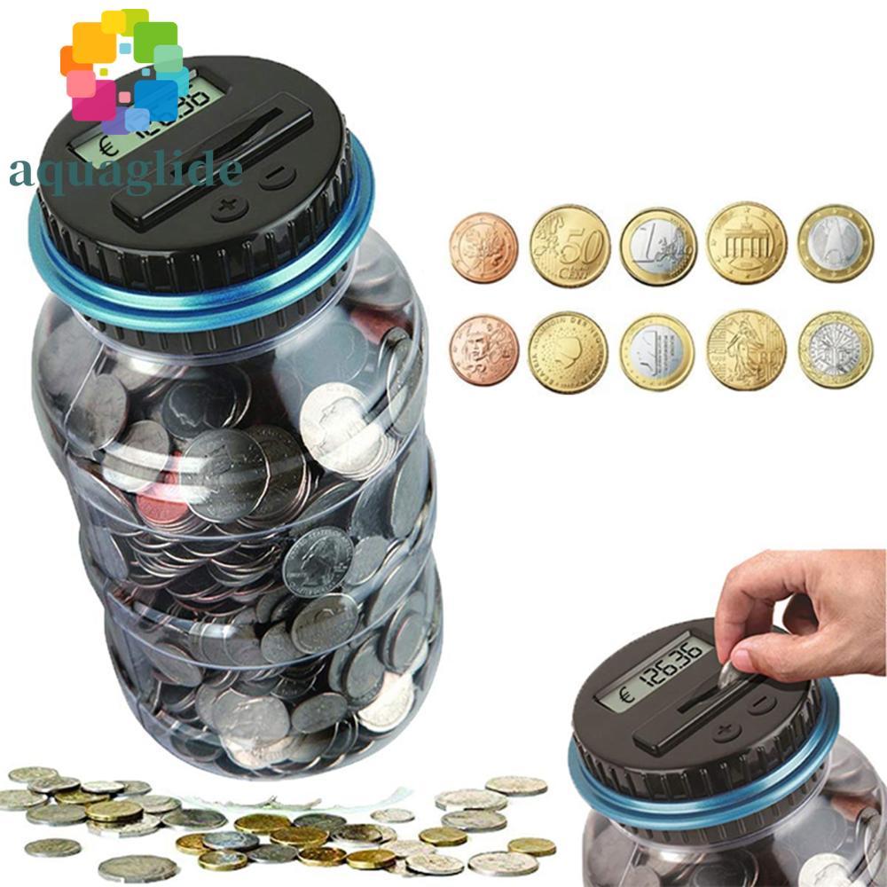 เครื่องนับเหรียญ AQUAGLIDE USD EURO GBP กระปุกออมสินจอแสดงผล LCD อิเล็กทรอนิกส์อัตโนมัติ