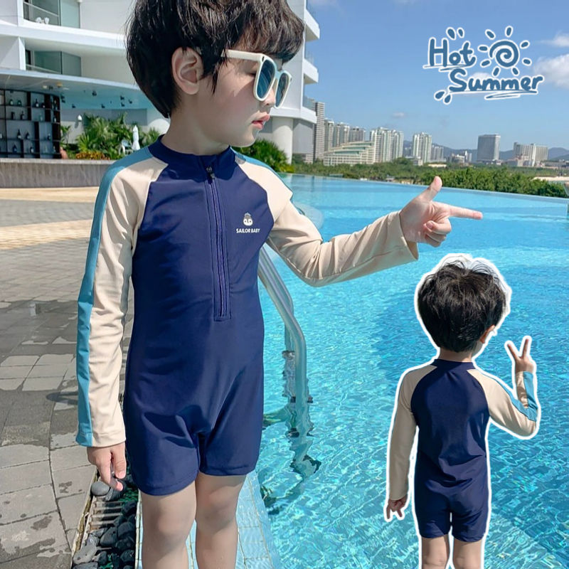 [แจกหมวกว่ายน้ำ]ชุดว่ายน้ำวันพีซแขนยาวสำหรับเด็กชาย | แขนยาว แห้งเร็ว ระบายอากาศได้ดี และสวมใส่สบาย