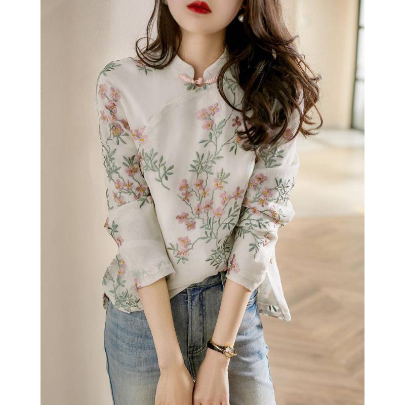 เสื้อเชิ้ตแขนยาว คอปก พิมพ์ลายดอกพีช สไตล์จีนย้อนยุค แฟชั่นฤดูใบไม้ผลิ สําหรับผู้หญิง G97
