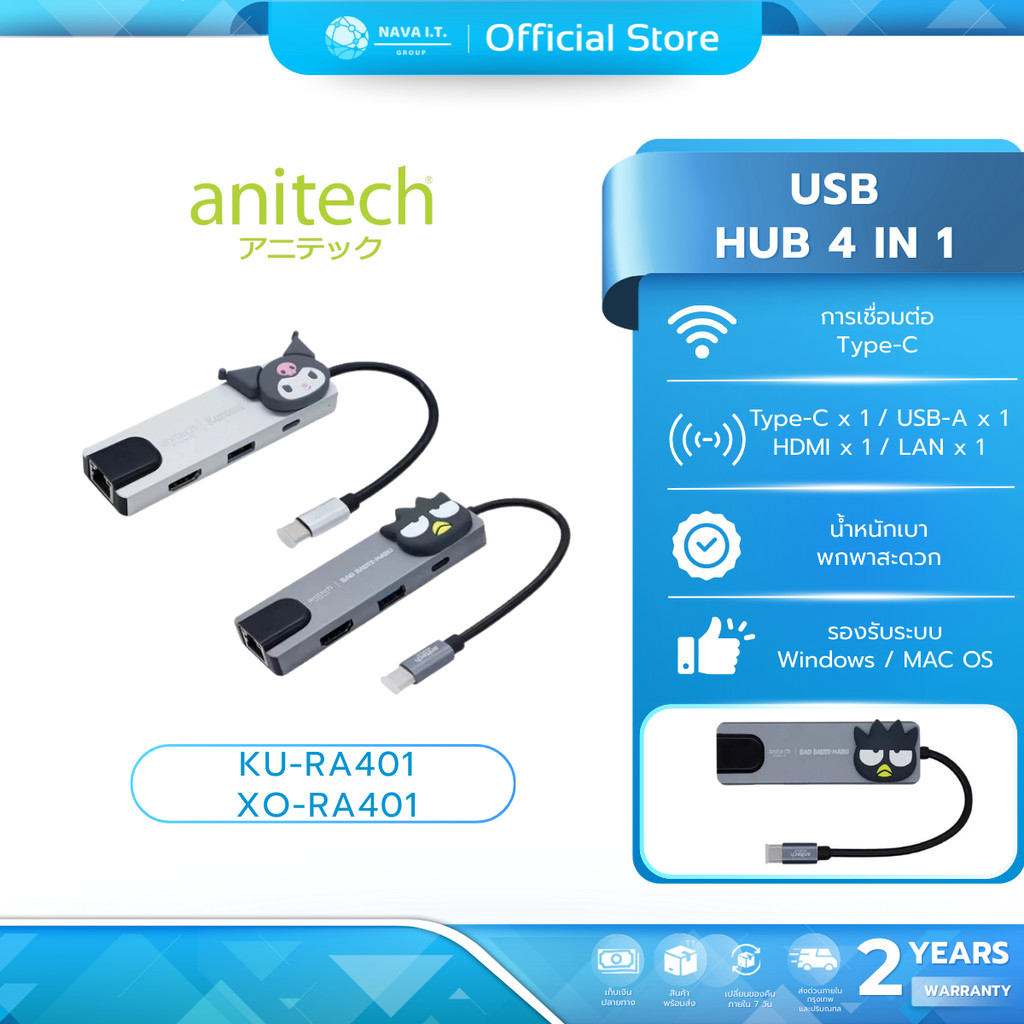 (มีส่งด่วน) ANITECH X Sanrio อุปกรณ์ต่อพวง USB HUB รุ่น KU-RA401 และ XO-RA401