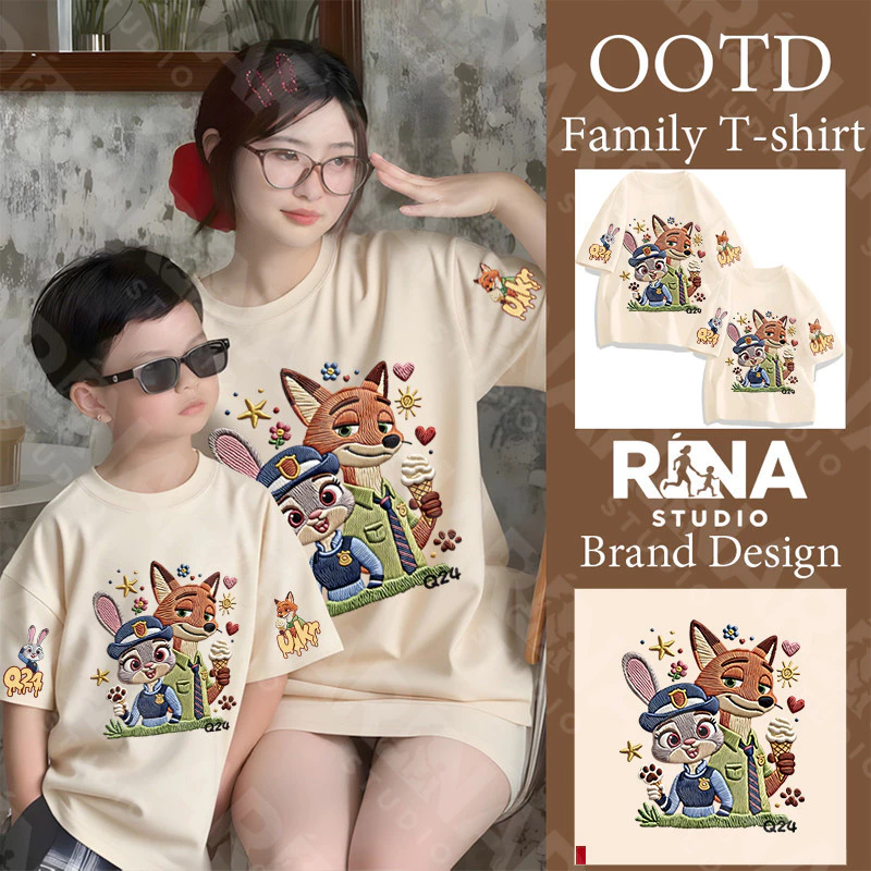 [งานเกรดพรีเมียม งานเกรด A] ชุดครอบครัว เสื้อยืดคอกลมแขนสั้น 100%ผ้าฝ้าย ลายตัวการ์ตูนปักอาร์ตสุดน่ารัก A223#2