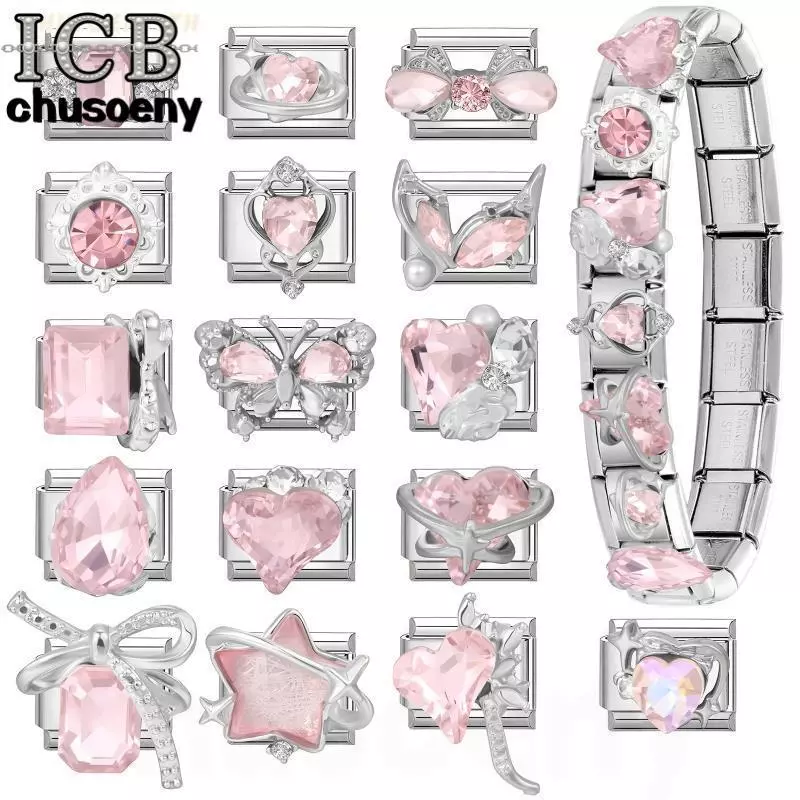 สร้อยข้อมือสแตนเลสสไตล์แพทช์ มีพลอยสีชมพูและเศษไม่อิตาลีขนาด9มิลลิเมตร เครื่องประดับเสริมบุคลิกภาพ