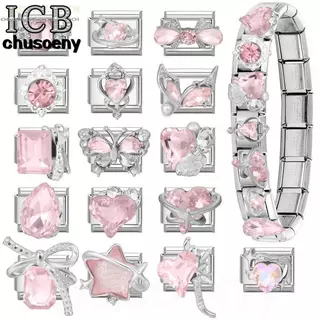 สร้อยข้อมือสแตนเลสสไตล์แพทช์ มีพลอยสีชมพูและเศษไม่อิตาลีขนาด9มิลลิเมตร เครื่องประดับเสริมบุคลิกภาพ