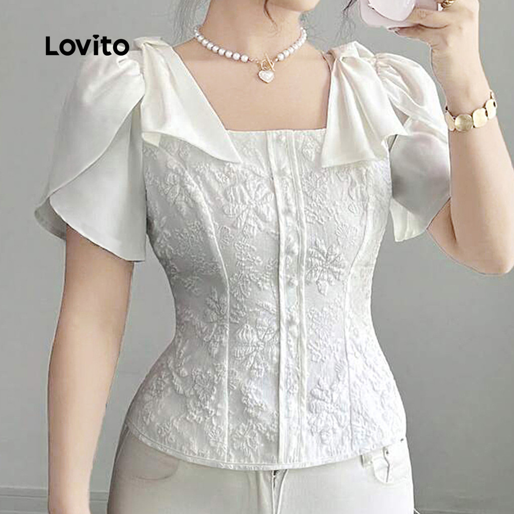 Lovito เสื้อเบลาส์หรูหรา เย็บผ้าผูกโบว์ สปริง/ซัมเมอร์ สีขาวออฟไวท์ สำหรับผู้หญิง L146ED015