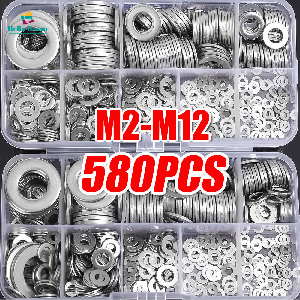 AutoTool ปะเก็นสแตนเลส580ชิ้นพร้อมกล่องชุดแหวนแบนอเนกประสงค์ปะเก็นเครื่องซักผ้าธรรมดา M2 M2.5 M3 M4 M5 M6 M12 M10 M8