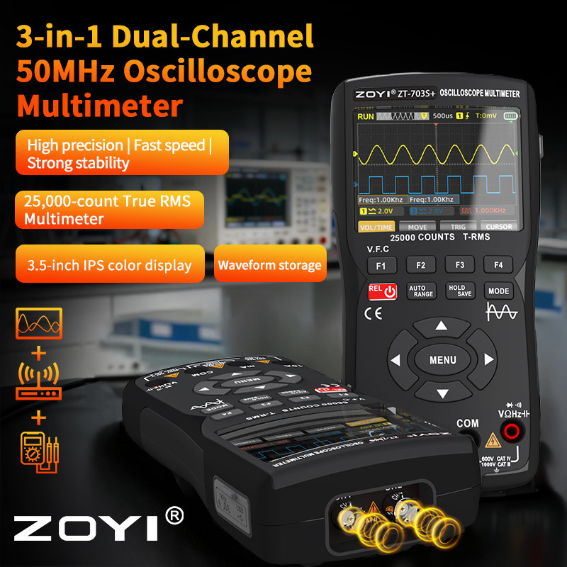 ZOYI ZT-703s+ 3-in-1 Dual-Channel 50MHz ออสซิลโลสโคปมัลติมิเตอร์ Wave Storage AC DC Tester