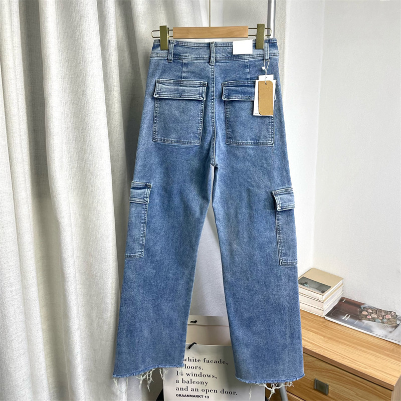 สไตล์อเมริกัน~39 US Dollar สั่งการค้าต่างประเทศ!ย้อนยุคล้างขนาดเล็กเอวสูงยืดขากว้างกางเกงยีนส์โดยรวม