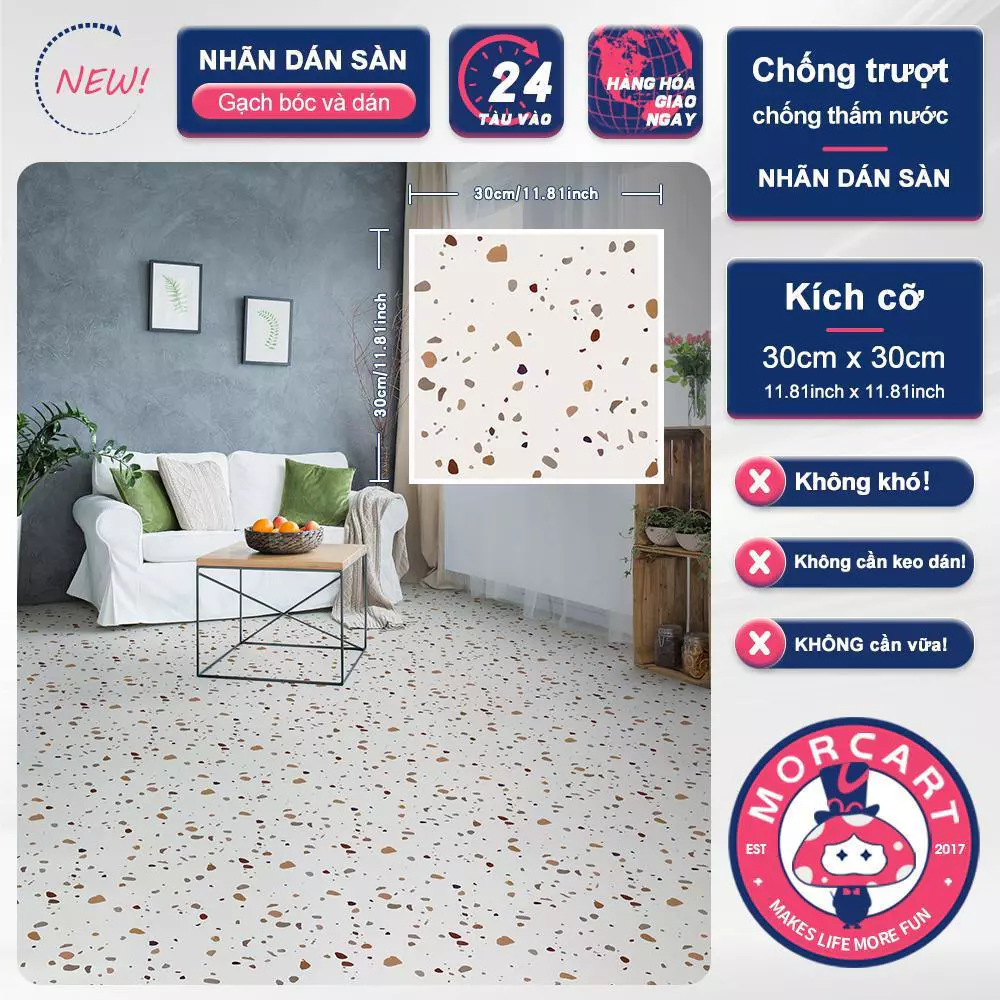 สติ๊กเกอร์ติดพื้น MORCART 11.8" x 11.8" กันน้ํา ติดตั้งง่าย สติ๊กเกอร์พื้น DIY ลายหินขัด เหมาะสําหรับห้องน้ํา ห้องครัว และผนัง มี 1 / 10 ชิ้น