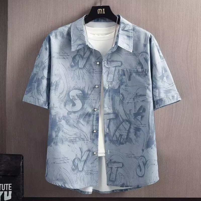 เสื้อเชิ้ตแขนสั้นพิมพ์ลายสำหรับผู้ชาย สไตล์ลำลองจากผ้าไหมน้ำแข็ง ใส่สบายในฤดูร้อน