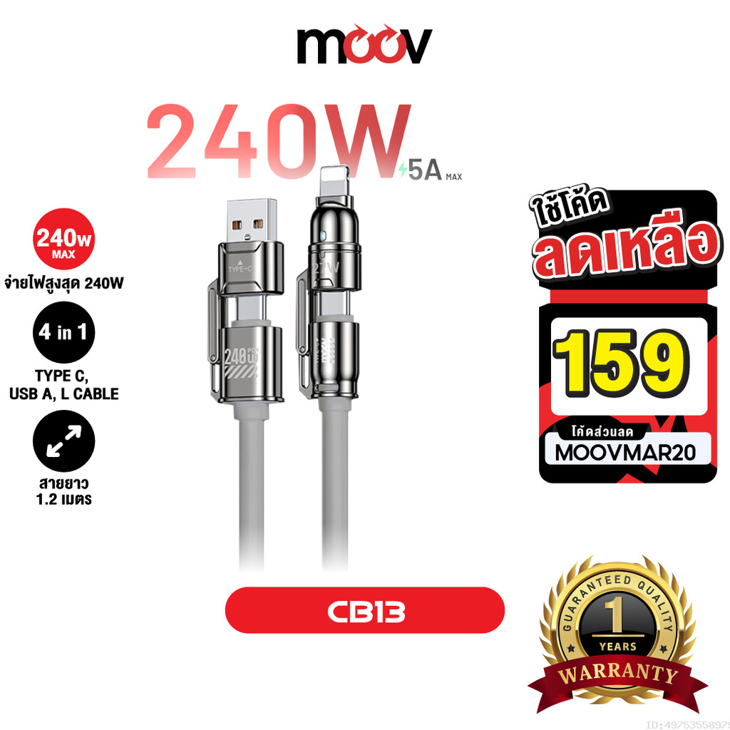 [159บ.โค้ดคุ้ม] Moov CB13 สายชาร์จ Type C to Type C 4-in-1 USB/L-Cable ชาร์จเร็ว Fast Charge PD 240W