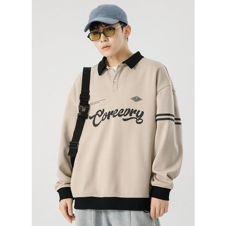 Dearvera (ภาพจริง) Coreeory Rugby Collar Sweater Outerwear Unisex ผู้ชายผู้หญิงแฟชั่นสไตล์เกาหลี