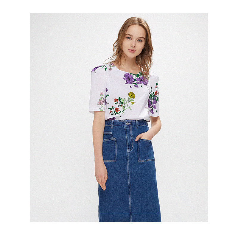 Cache Counter ของแท้สไตล์ Pastoral พิมพ์รอบคอแขนสั้น Laced-Up ตรงเสื้อเชิ้ตสีขาวผู้หญิงฤดูร้อน940700