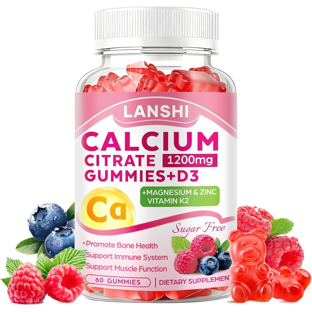 Calcium Citrate Gummies 1200mg with Vitamin D3 & K2 Supplements for Women & Men, High Absorption Cal