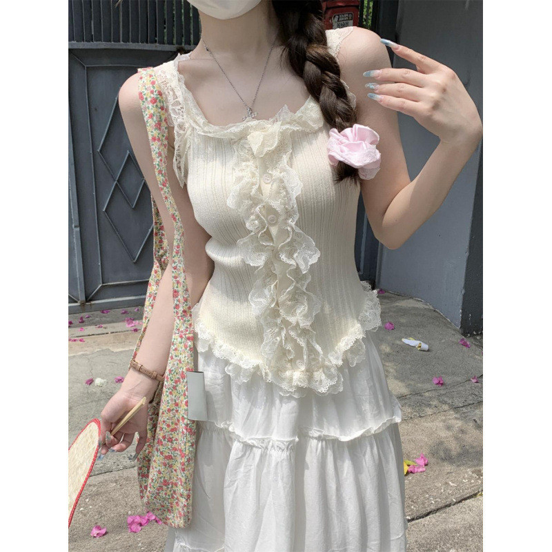 เสื้อลูกไม้แขนกุดสำหรับผู้หญิง เสื้อกล้ามแฟชั่นรัดรูป DD309