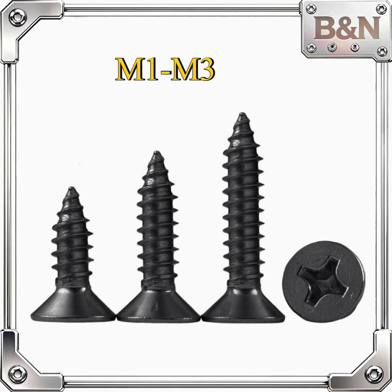 สีดำ เหล็กคาร์บอนสีดํา KA สกรูเกลียวปล่อย หัวแบน เตเปอร์ M1/M1.2/M1.4/M1.7/M2/M2.3/M2.6/M3  Flat Hea
