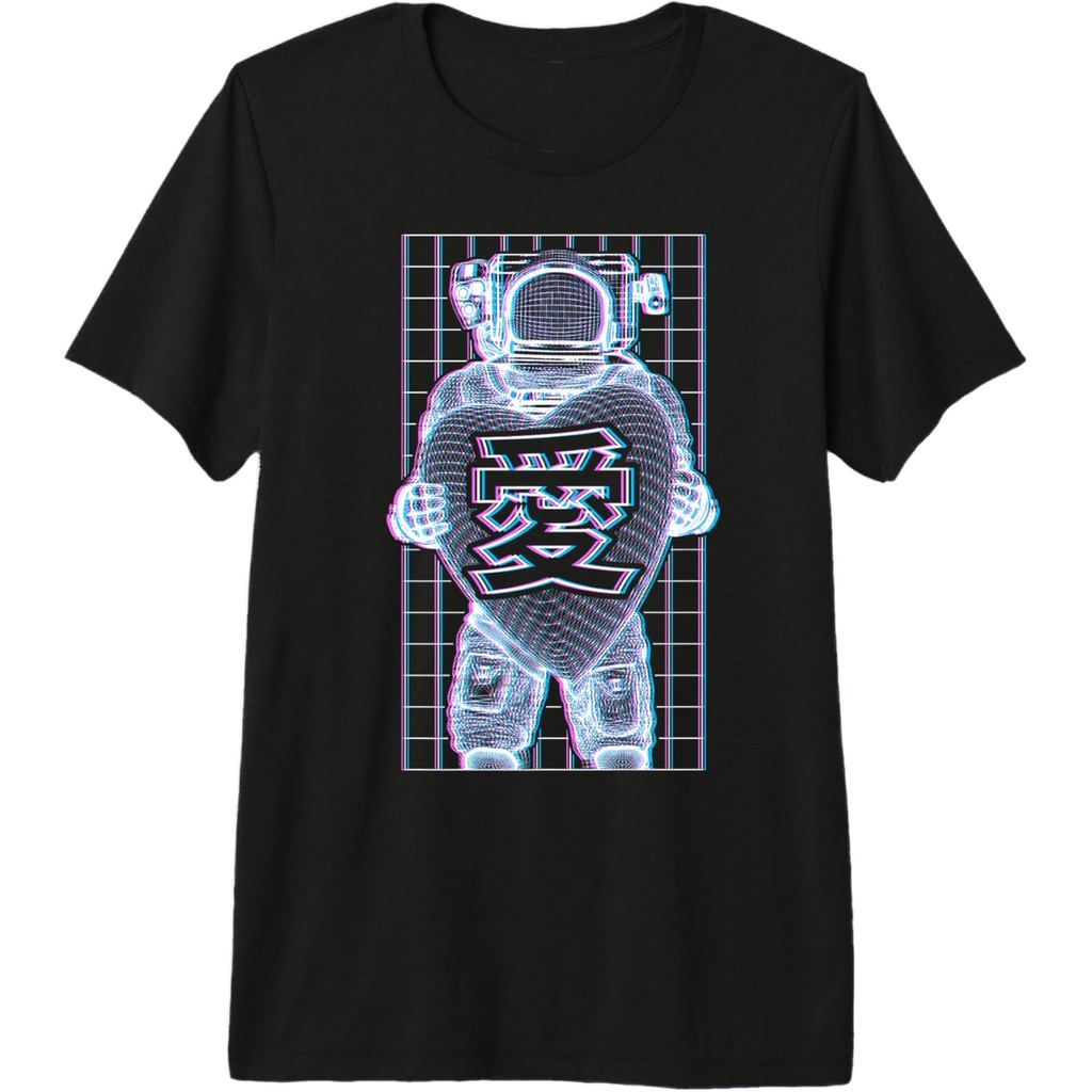 เสื้อยืดพรีเมียม EDM Rave Love Astronaut Techno Music Kanji Glitch House DJ