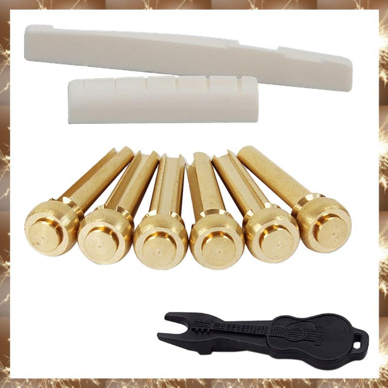 (OKB)Acostic Guitar String End Nut Bridge Saddle Abalone Pins Replacements Set (Brass Pins & Bone Sa