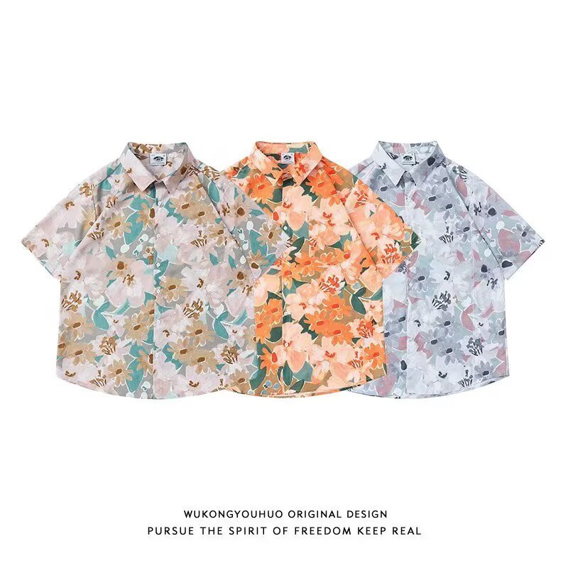 เสื้อเชิ้ตแขนสั้นพิมพ์ลายดอกไม้สไตล์วินเทจสำหรับทั้งผู้ชายและผู้หญิง