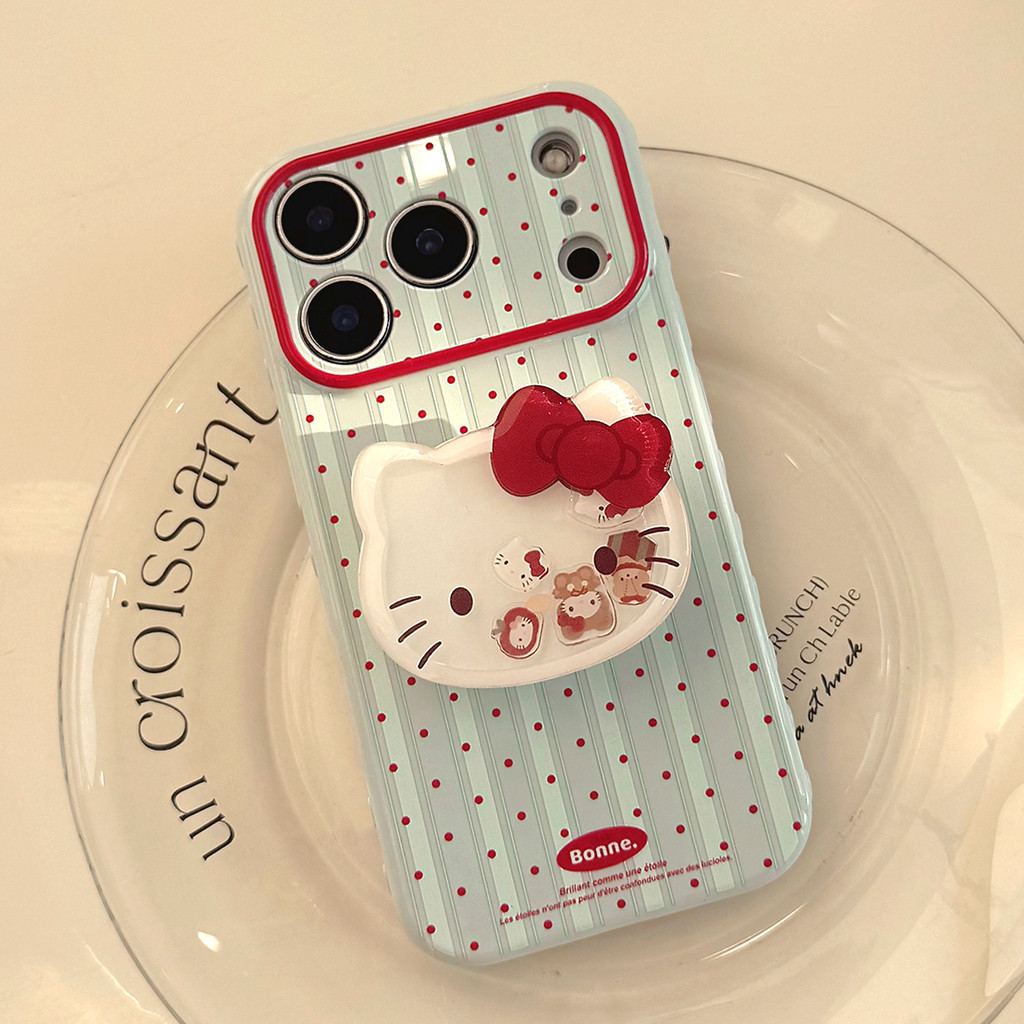INS Polka Dot เคสโทรศัพท์พร้อมขายึดโทรศัพท์สําหรับ iPhone 17 Pro Max 16 15 14 13 12 11 Pro Max 3D Love ด้านข้างนุ่ม TPU ฝาหลังพร้อมขาตั้ง Hello Kitty