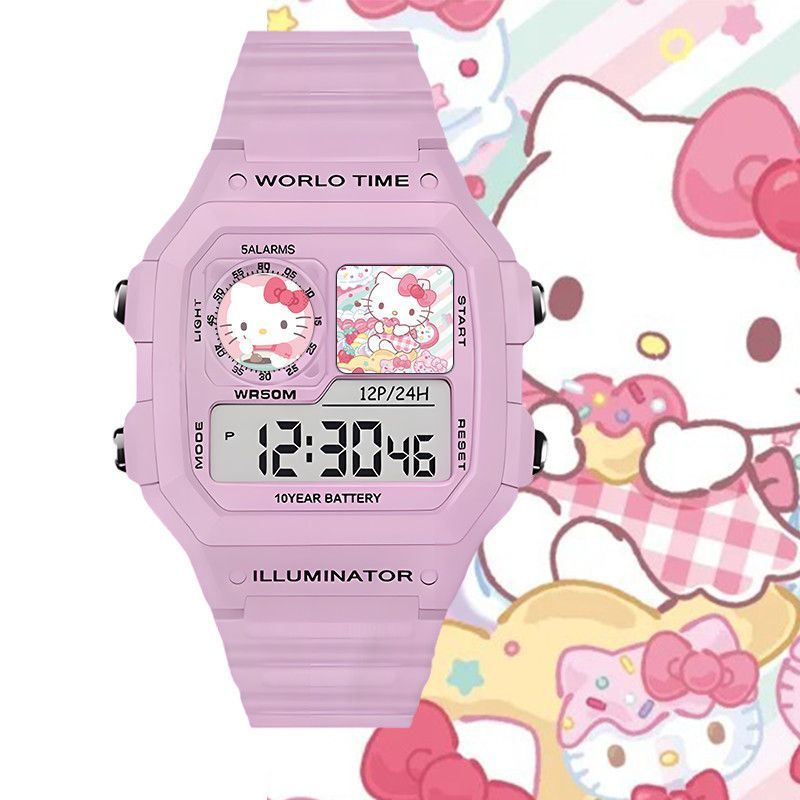 นาฬิกาอิเล็กทรอนิกส์Hello KittyและMelodyจากSanrio ขนาดเล็กสี่เหลี่ยม พร้อมฟังก์ชันChronographและLuminous เป็นของขวัญที่ดี